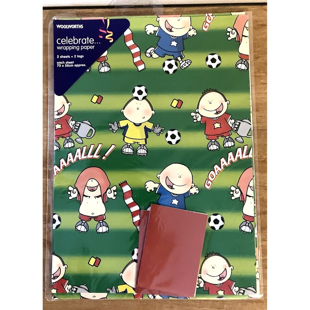 Vintage Woolworth's Wrapping Paper - SOCCER THEME - 2 Sheets/2 Tags - New NOS